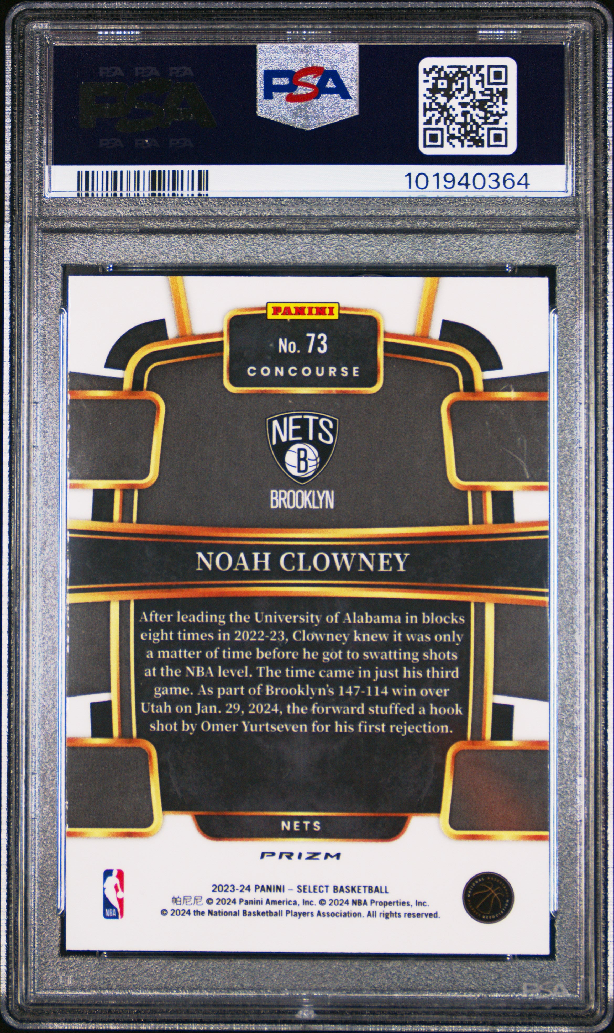 2023 Panini Select Noah Clowney #73 White Sparkle SSP Pop 1 Rookie PSA 10