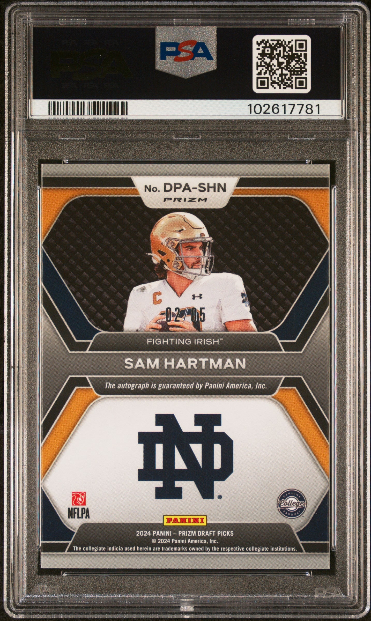 2024 Panini Prizm Draft Picks Draft Picks Auto Sam Hartman DP Black Gold PSA 10
