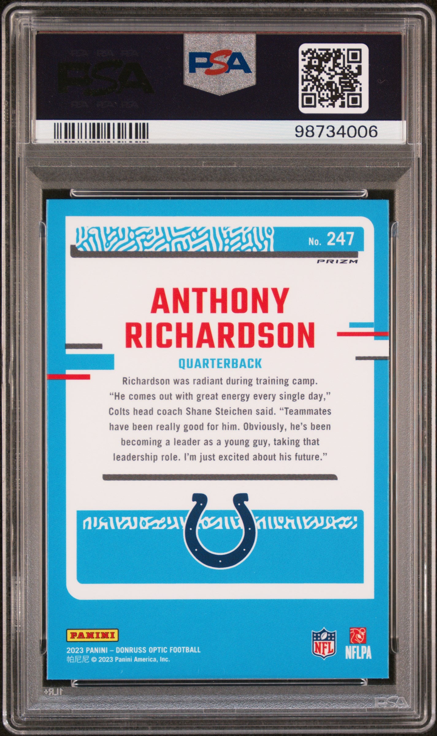 2023 Panini Donruss Optic Anthony Richardson #247 Purple Shock PSA 10