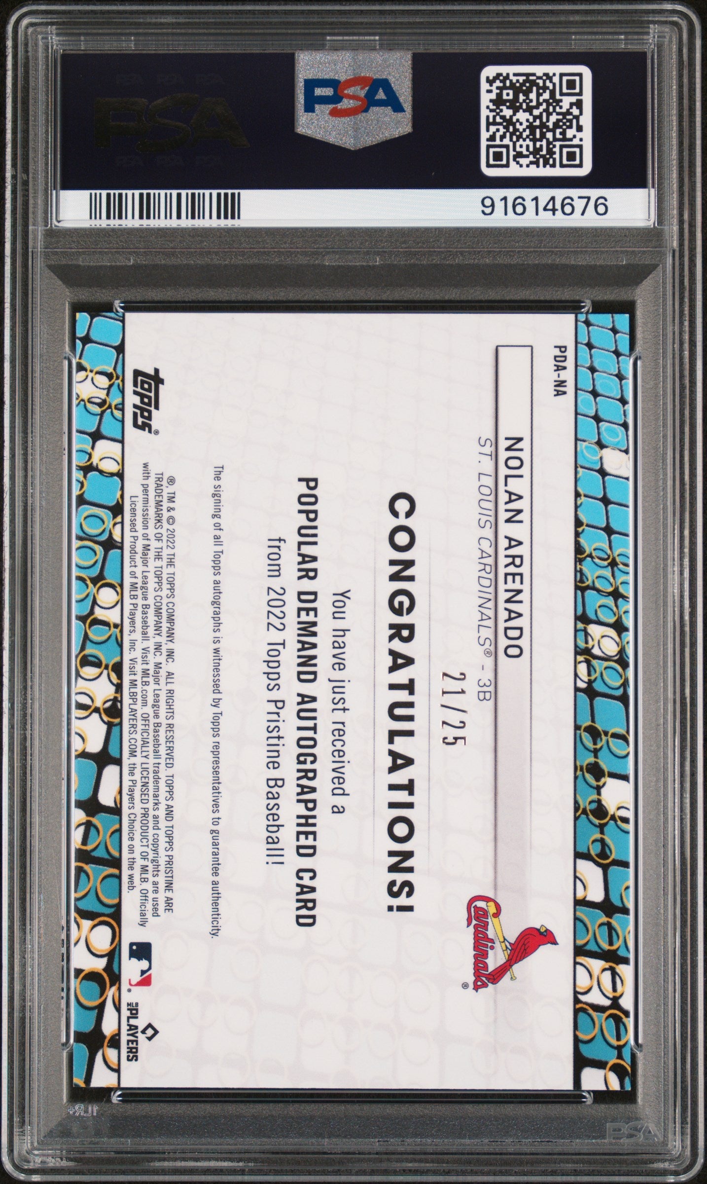 2022 Topps Pristine Popular Demand Nolan Arenado Auto Orange Refractor PSA 10