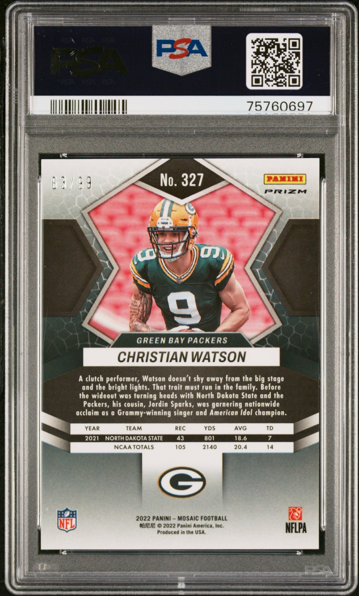 2022 Panini Mosaic Christian Watson #327 Blue PSA 9