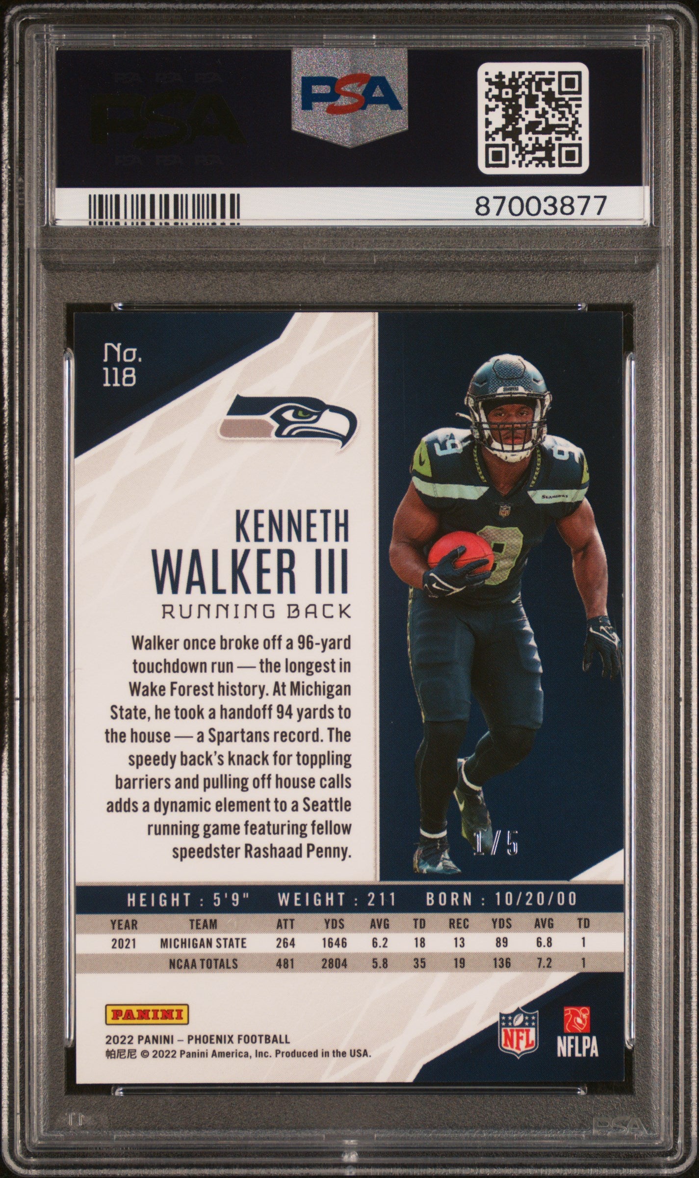 2022 Panini Phoenix Kenneth Walker III #118 Onyx PSA 10