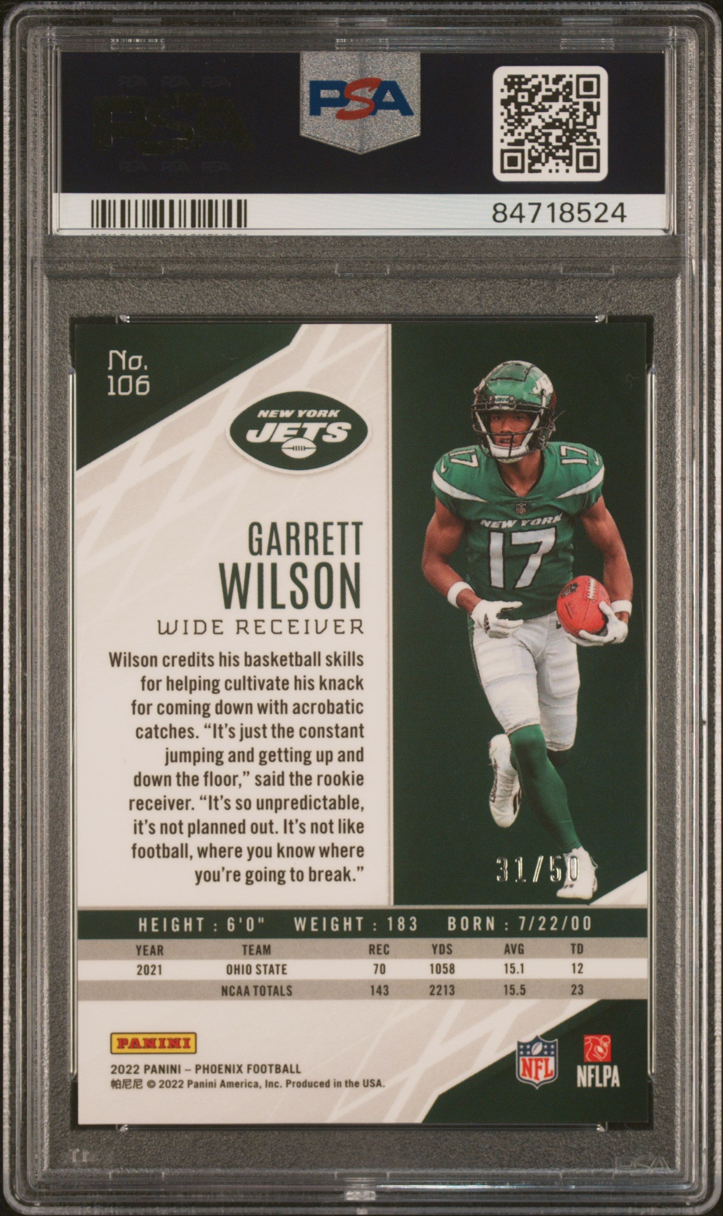 2022 Panini Phoenix Garrett Wilson #106 Fire & Ice Lazer PSA 10