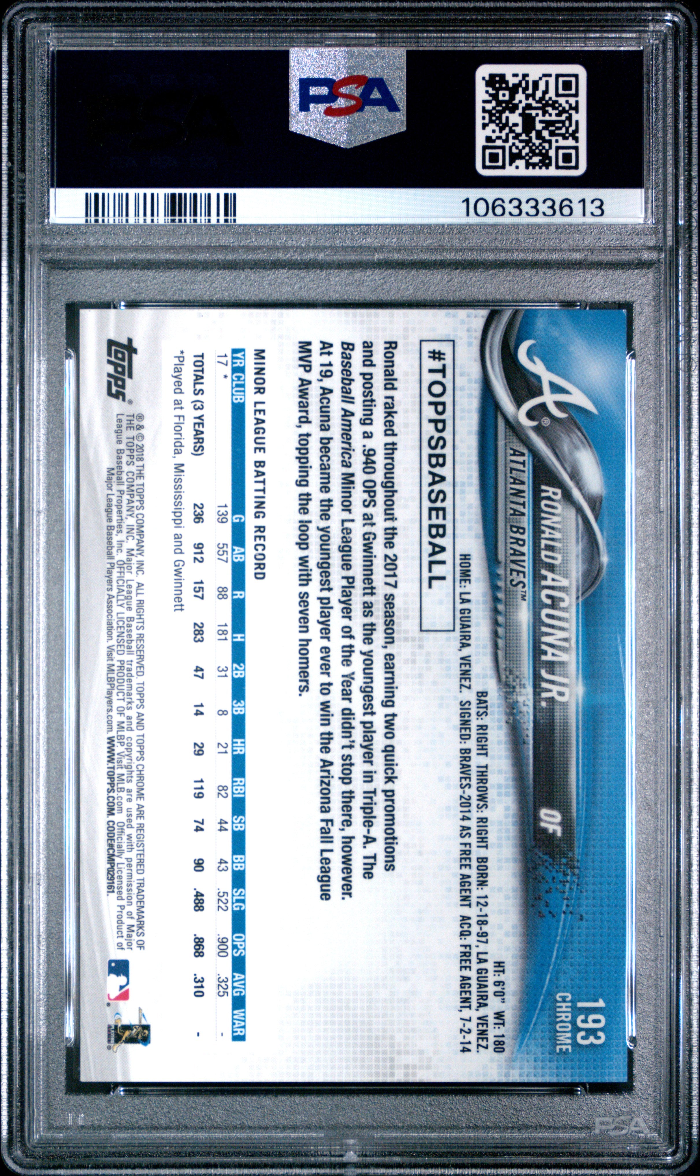 2018 Topps Chrome Ronald Acuna JR. #193 Negative Refractor PSA 9