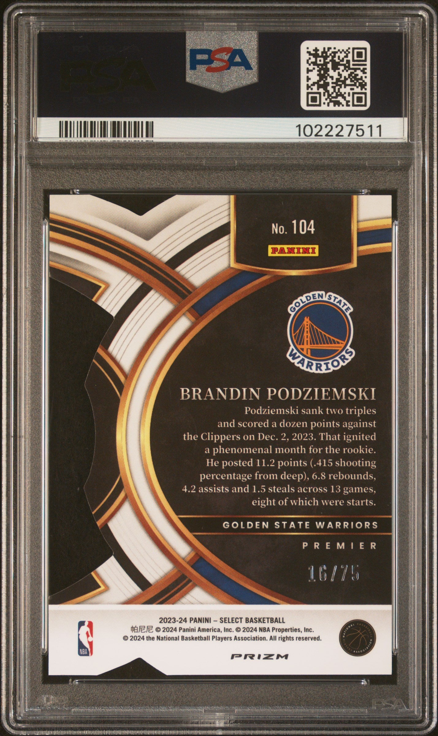 2023 Panini Select Brandin Podziemski #104 Die Cut Neon Green Prizm PSA 10