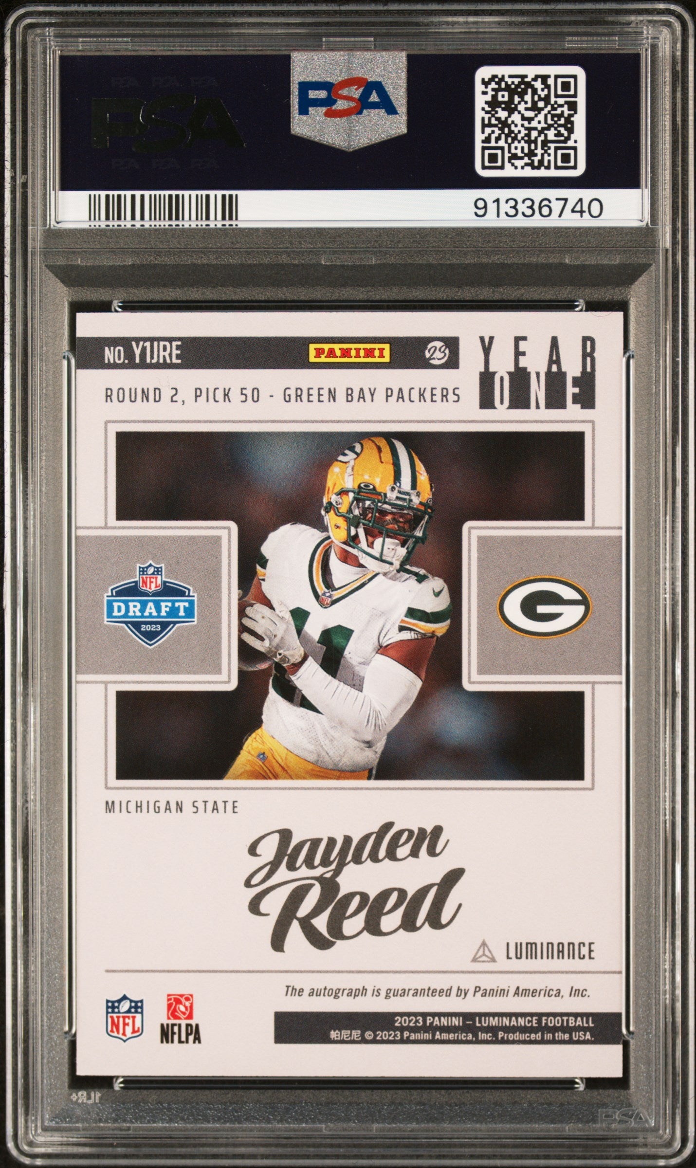 2023 Panini Luminance Year One Signatures Jayden Reed #Y1JRE PSA 10