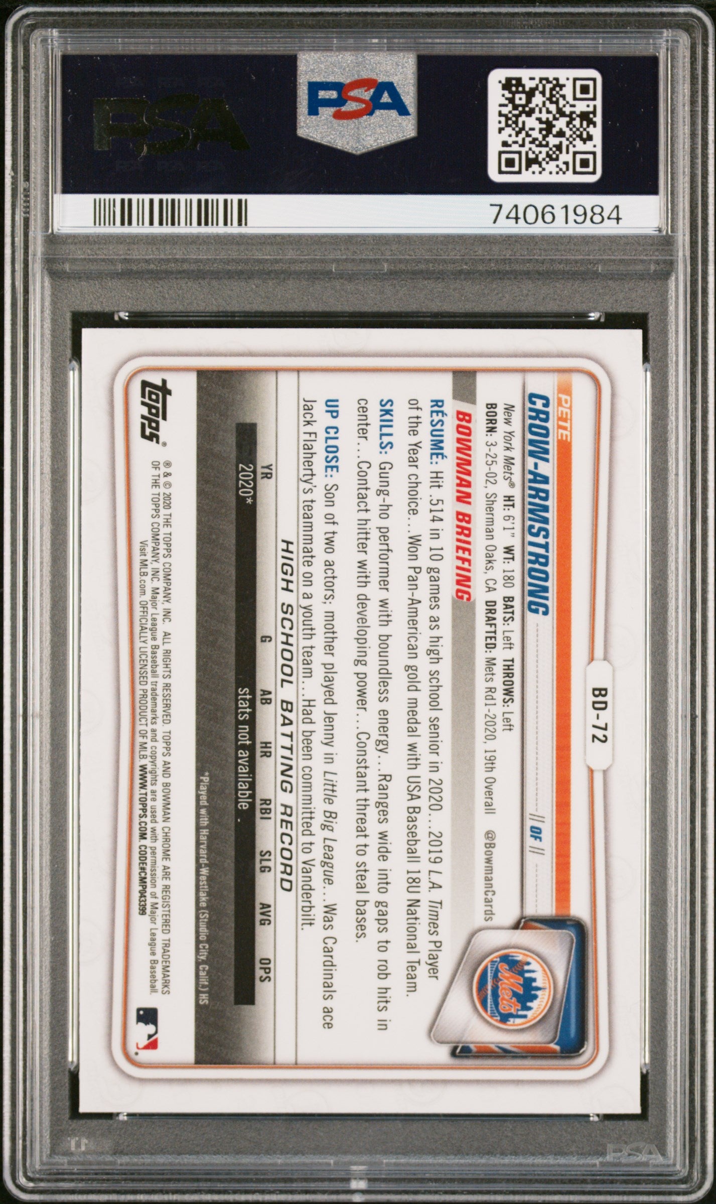 2020 Bowman Draft Chrome Sapphire Edition Pete Crow-Armstrong #BD72 / PSA 10