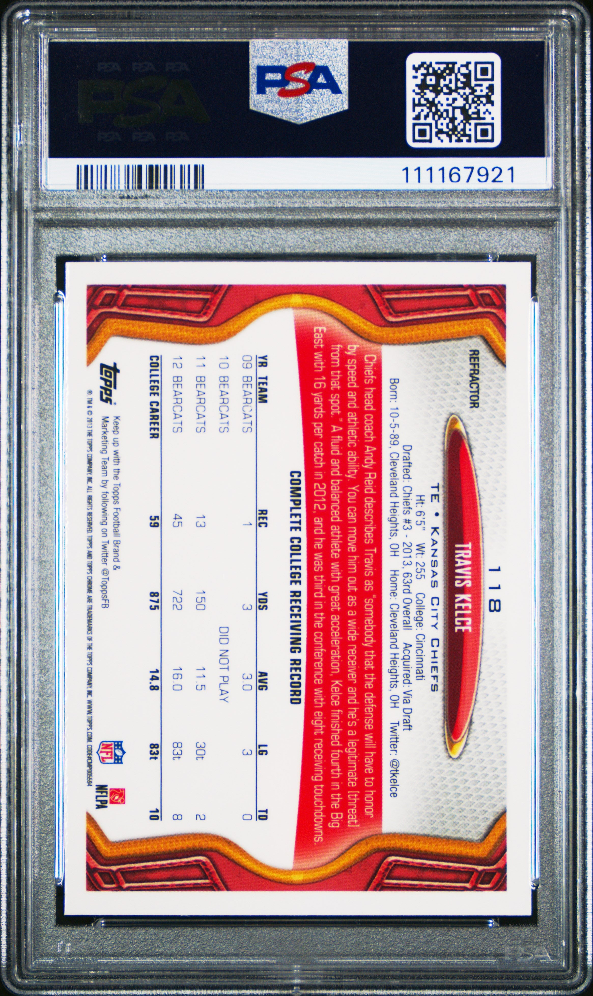 2013 Topps Chrome Travis Kelce #118 Refractor PSA 9