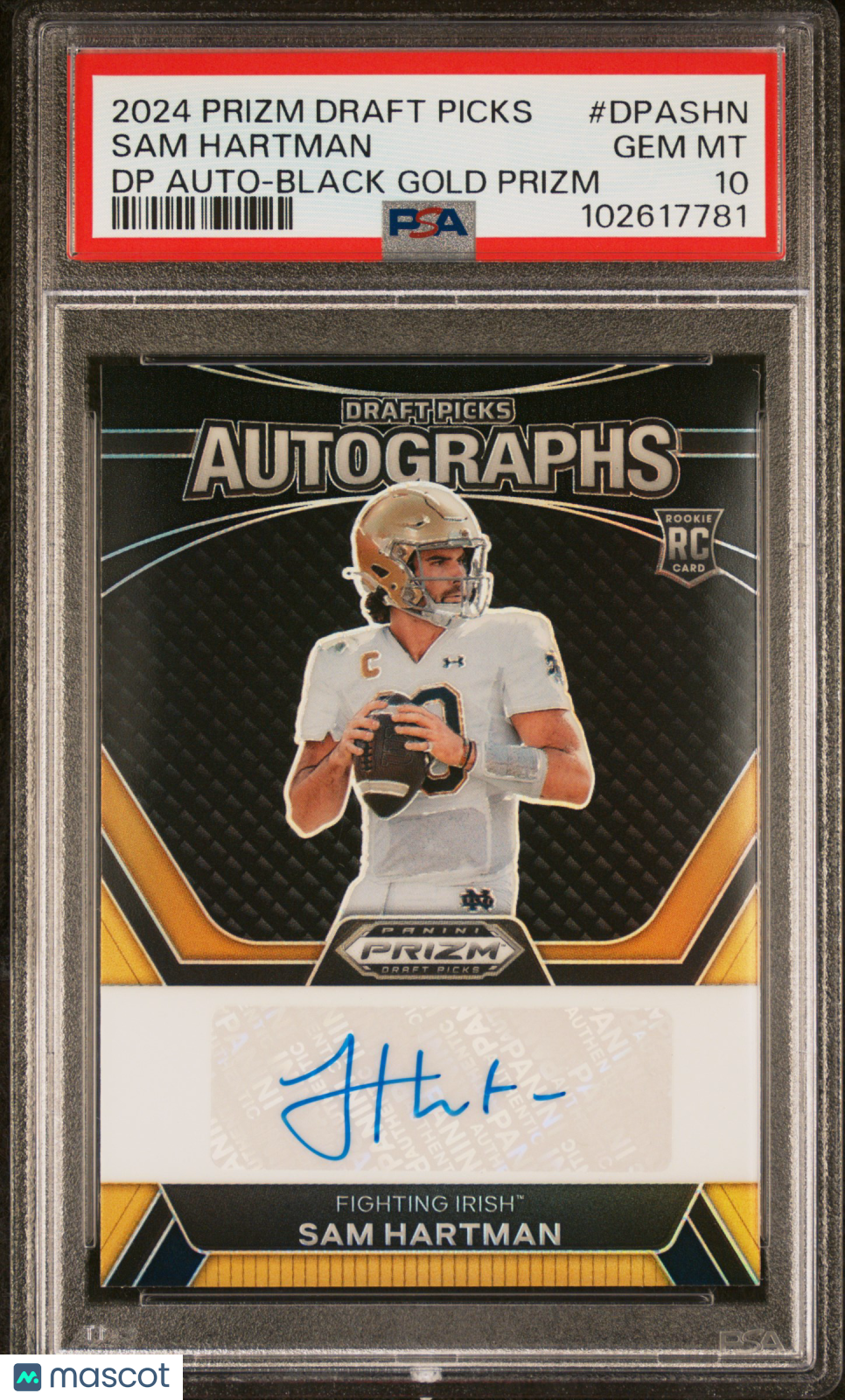 2024 Panini Prizm Draft Picks Draft Picks Auto Sam Hartman DP Black Gold PSA 10