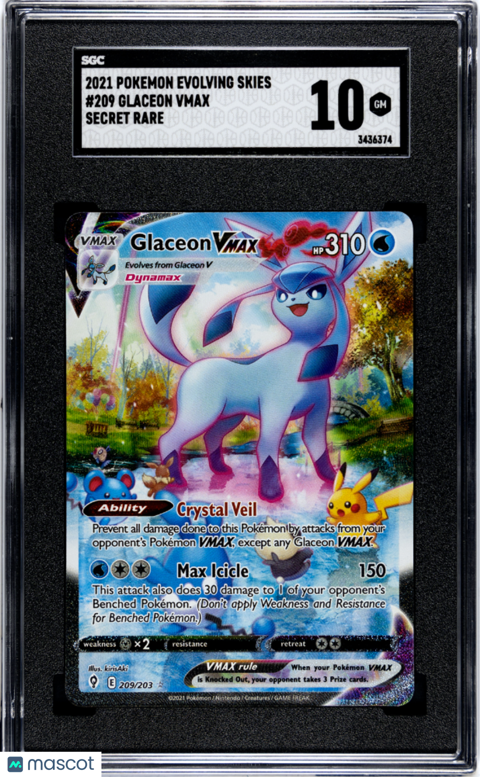 2021 Pokemon Evolving Skies Glaceon VMAX #209 SGC 10